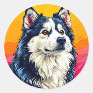 Sticker Rond Portrait élégant de Husky avec coucher de soleil v