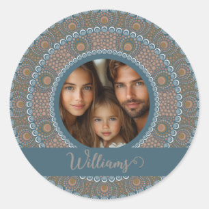 Sticker Rond Portrait familial personnalisé Turquoise et Mandal