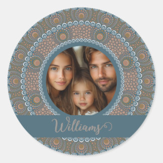 Sticker Rond Portrait familial personnalisé Turquoise et Mandal