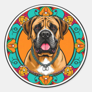 Sticker Rond Portrait majestueux de chien dans un mandala flora
