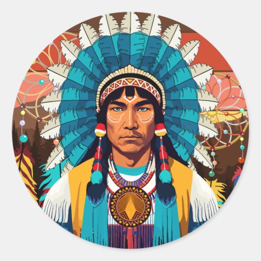 Sticker Rond Portrait puissant en chef amérindien (Devant)