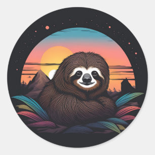 Sticker Rond Portrait Sloth Avec Coucher De Soleil