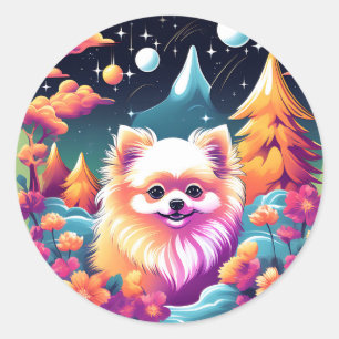 Sticker Rond Portrait vibrant de chien de Poméranie