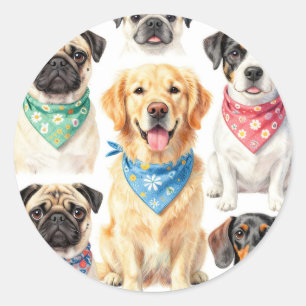 Sticker Rond Portraits de chiots mignons en bandana en collage