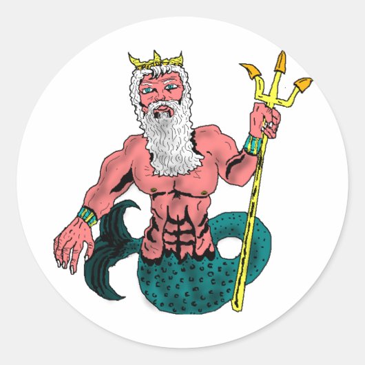 Sticker Rond Poséidon, le Dieu grec de la mer qui tient Trident (Devant)