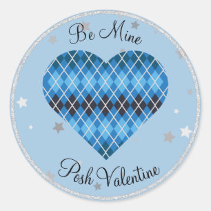Sticker Rond Posh Jacquard Bleu Étincelle Grand Coeur