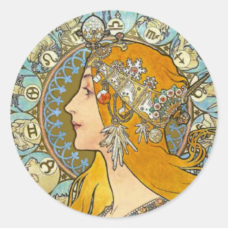 Sticker Rond Poster de Mucha Art Nouveau - Zodiac - La Plume