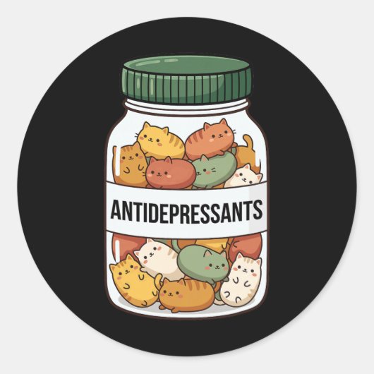 Sticker Rond Pot à antidépresseurs pour chat drôle, jarre migno (Devant)