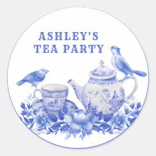 Sticker Rond Pot à thé floral bleu et blanc avec oiseaux Classi