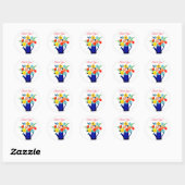 Sticker Rond Pot d'arrosage bleu et fleurs rouges jaunes (Feuille)