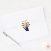 Sticker Rond Pot d'arrosage bleu et fleurs rouges jaunes (Enveloppe)