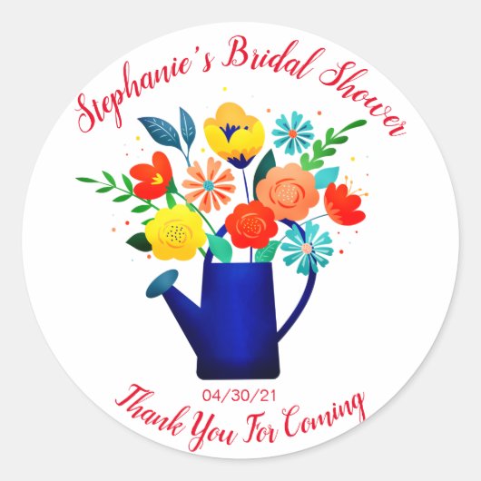 Sticker Rond Pot d'arrosage bleu Fleurs rouges jaunes Shower de (Devant)