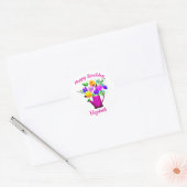 Sticker Rond Pot d'arrosage rose et Fleur Jaune Anniversaire (Enveloppe)
