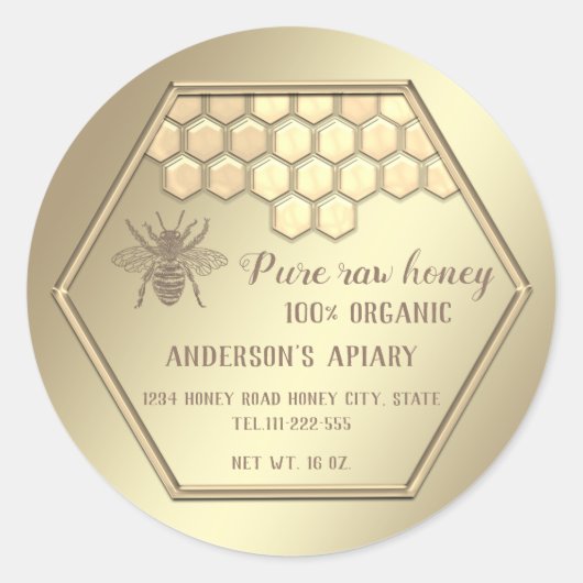 Sticker Rond pot de miel d'abeille vintage en or (Devant)