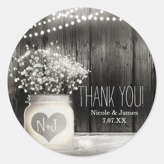 Sticker Rond Pot Mason en forme de cœur & Baby's Breath Mariage (Devant)
