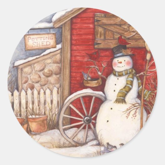Sticker Rond Pot Rustique Shop Noël Snowman (Devant)
