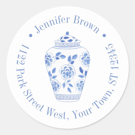 Sticker Rond Poterie au gingembre bleu et blanc Preppy Adresse  (Devant)