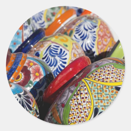 Sticker Rond Poteries mexicaines traditionnelles colorées peint (Devant)