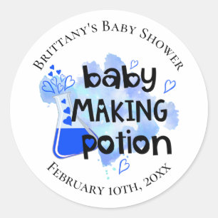 Sticker Rond Potion de Fabrication de Bébé Cœurs Bleus Faveur d
