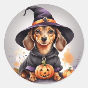 Sticker Rond Potions et pattes : Sorcière Dachshund sur un Citr