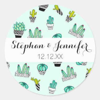 Sticker Rond Pots noirs et blancs de cactus d'aquarelle d'été