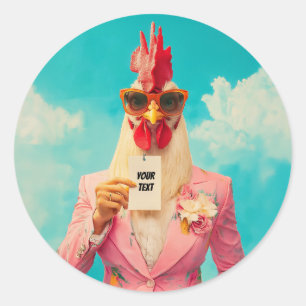 Sticker Rond Poulet Chic en Costume Rose