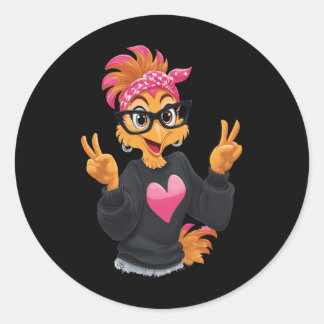 Sticker Rond Poulet drôle avec un signe de paix Gles Poulet fou