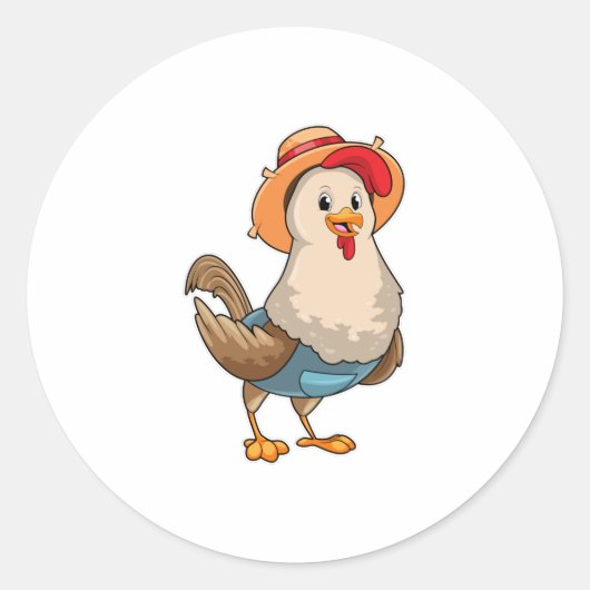 Sticker Rond Poulet en fermier avec Casquette (Devant)