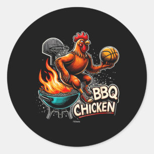 Sticker Rond Poulet grillé BBQ jouant au baseball enflammé