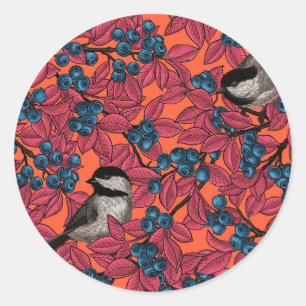Sticker Rond Poulet sur les branches de bleuets sur l'orange