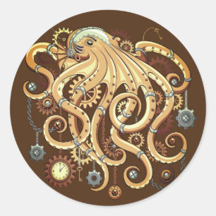 Sticker Rond Poulpe Steampunk Rétro Fantastique Mécanique