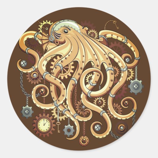 Sticker Rond Poulpe Steampunk Rétro Fantastique Mécanique (Devant)