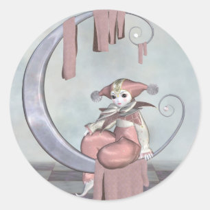 Sticker Rond Poupée clown rose de Pierrot sur une lune d'argent