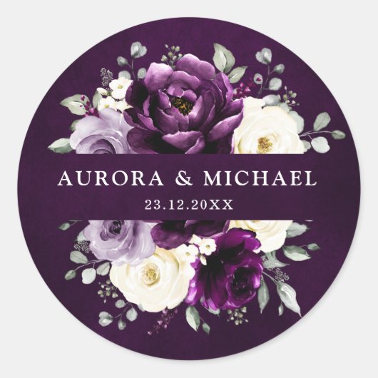 Sticker Rond Poupée d'aubergine Plum Ivory Blanc Floral Mariage (Devant)