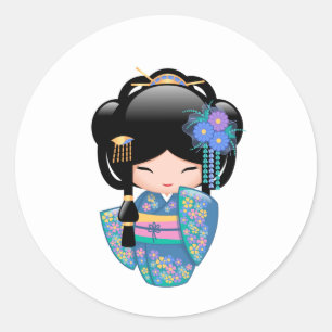 Sticker Rond Poupée de Keiko Kokeshi - fille de geisha bleue d