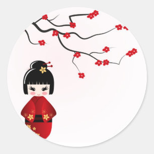 Sticker Rond Poupée de Kokeshi sous la branche de Sakura