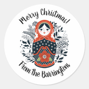 Sticker Rond Poupée de nidification Noël Rouge Matryoshka