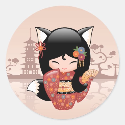 Sticker Rond Poupée Kitsune Kokeshi - jolie fille Black Fox (Devant)