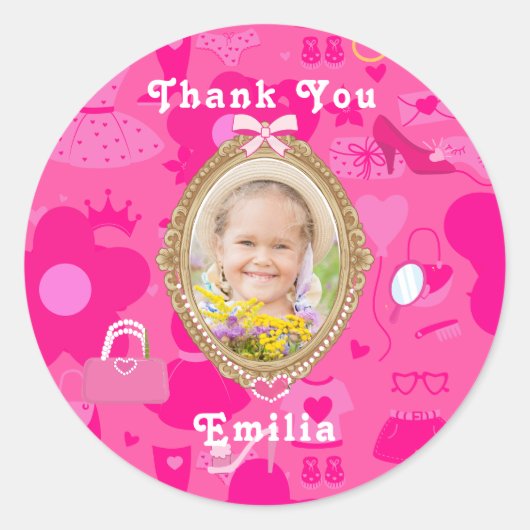 Sticker Rond Poupée rétro rose Girly Allons faire la fête Anniv (Devant)