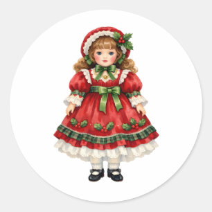Sticker Rond Poupée vintage aquarelle en robe de Noël