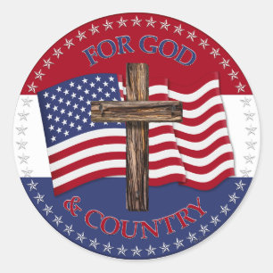Sticker Rond Pour Dieu et pays avec Croix et États-Unis Drapeau