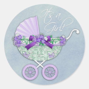 Sticker Rond Poussette bébé vert et lavande violet