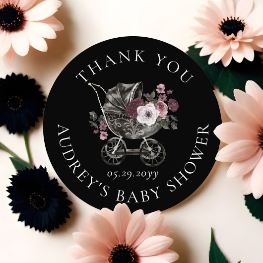 Sticker Rond Poussette gothique florale Baby shower de Merci no