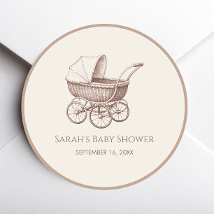 Sticker Rond Poussette Marron Ivoire Vintage Baby Shower