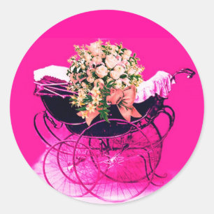 Sticker Rond Poussette vintage avec fleurs Baby Shower