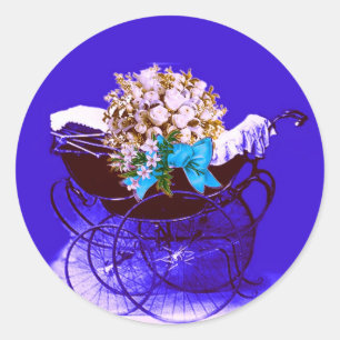 Sticker Rond Poussette vintage avec fleurs Baby Shower