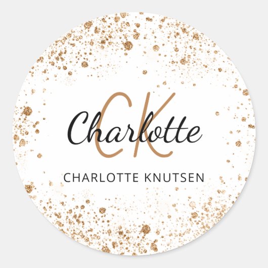 Sticker Rond Poussière de glitter or blanc monogramme initiales (Devant)
