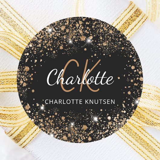Sticker Rond Poussière de paillettes d'or noir monogramme initi
