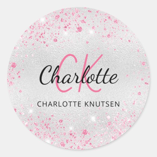 Sticker Rond Poussière de paillettes rose argenté monogramme in (Devant)