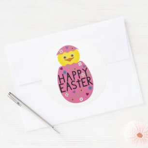 Sticker Rond Poussin de Pâques coloré dans un œuf peint